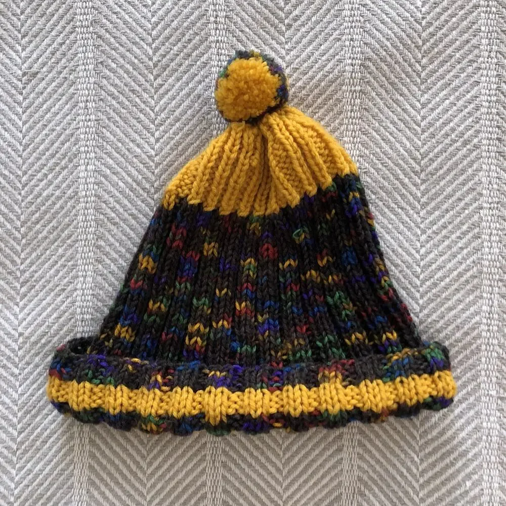 Chunky Knit Beanie Yellow & Dark Grey Color Flecked with Pompom Topper